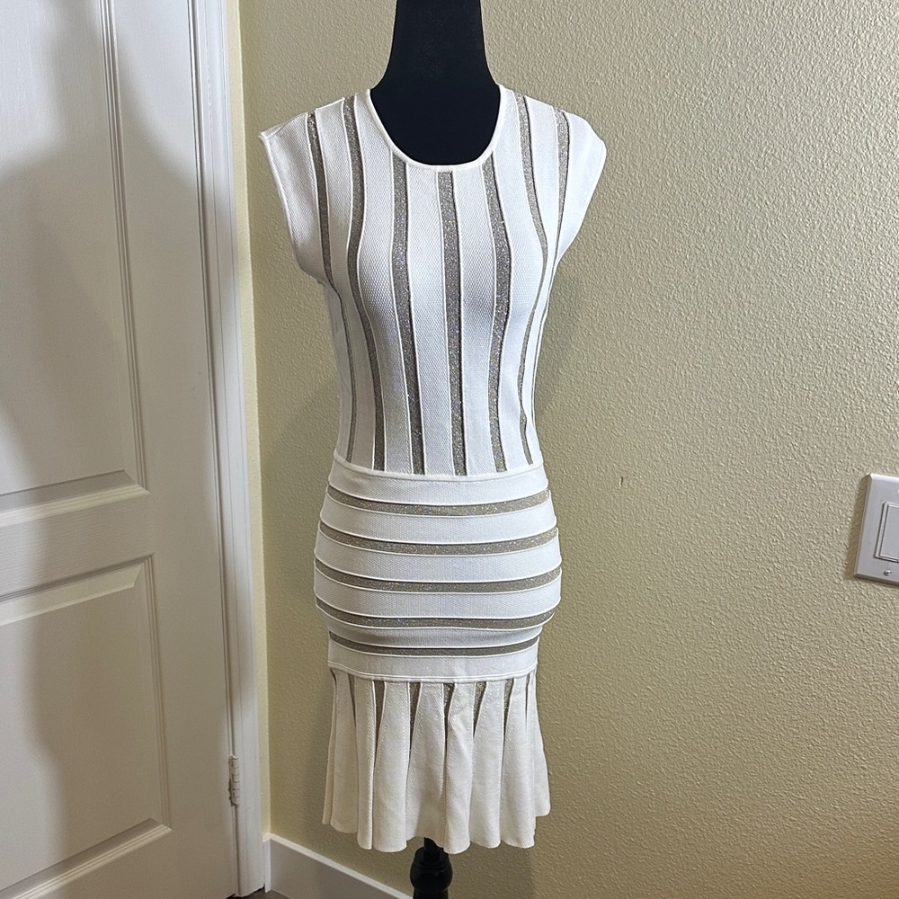 Torn by Ronny Kobo White and Soarkly Gold Striped Fitted Drop Waist Dress. Small